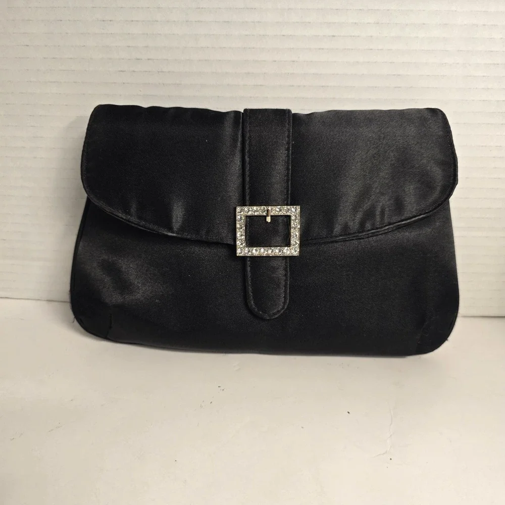 Black Satin‎ Clutch Evening Bag Rhinestone Buckle Wristlet Formal Party